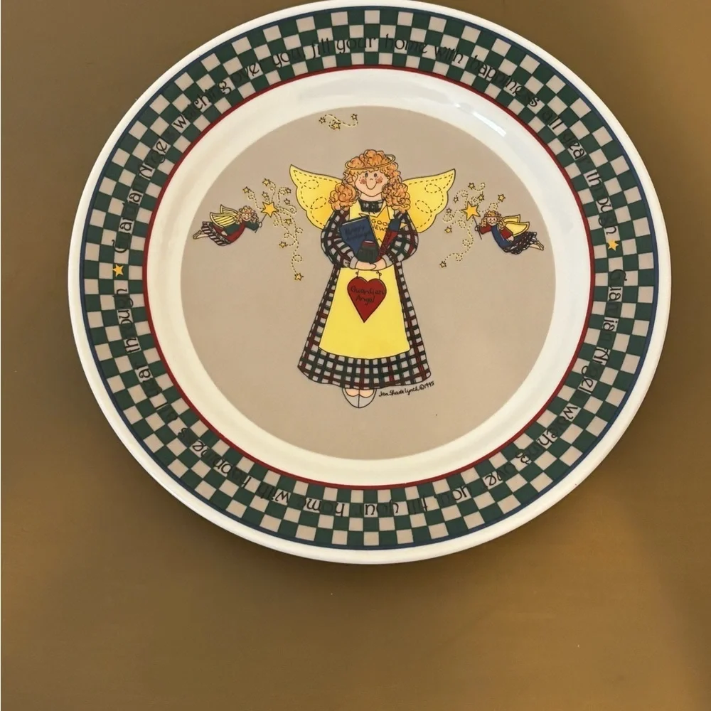 Vintage 90s Angel Motif Decorative Ceramic Dinner Plate - Yellow & Green
